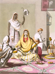 Mulher indiana em sua elegância, com convidados e servos, de &39;Costume dei ...&39; por Giulio Ferrario, c.1820s-30 (gravura de cor)